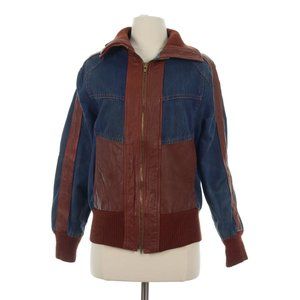 Branded Lion Women's Blue Vintage Bomber Leather Denim Jean Jacket